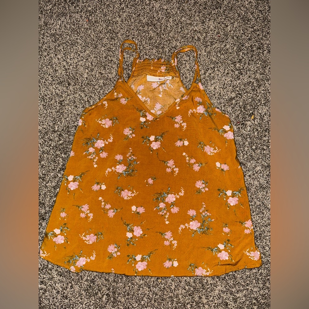 SO kohls yellow floral spaghetti strap blouse